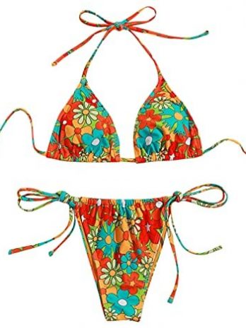 Floral Print Halter Triangle Tie Side Bikini Set