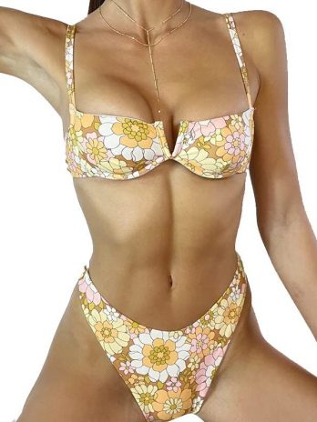 Floral Printing Bikini Swimwear – Bandeau Top Thong