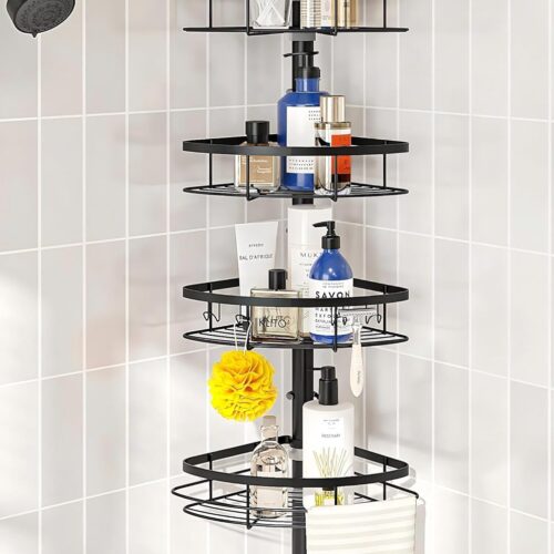 Adjustable Chrome Corner Shower Shelf: Rustproof Tension Shower Organiser Pole for Inside Showers