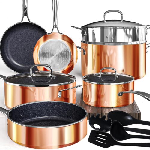 Deluxe 14-Piece Nonstick Kitchen Pots and Pans Set with Ceramic Coating and Cool-Touch Handles