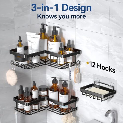 Corner Adhesive Shower Caddy with Soap Holder, Rustproof Stainless Steel Organizer, No Drill Bathroom Shelf