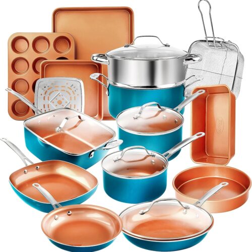 Gotham Steel 20-Piece Copper Pots and Pans Set, Nonstick Ceramic Cookware Set + Complete Bakeware, Oven/Dishwasher Safe, Turquoise