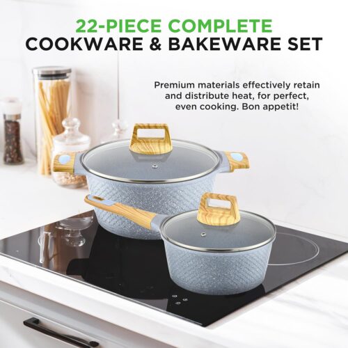 Nutrichef 22-Piece Ceramic Pots and Pans Set | Professional Nonstick Cookware & Bakeware for Kitchen