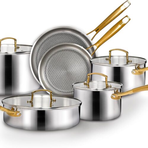 Country Kitchen 10 Pc. Best Pot and Pan Set – Tri-Ply Stainless Steel Nonstick Cookware for Induction