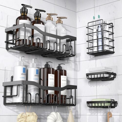 Adhesive Bathroom Shelf Organizer – 5 Pack Minimalist Rustproof Stainless Steel Shelves for Bathroom & Kitchen