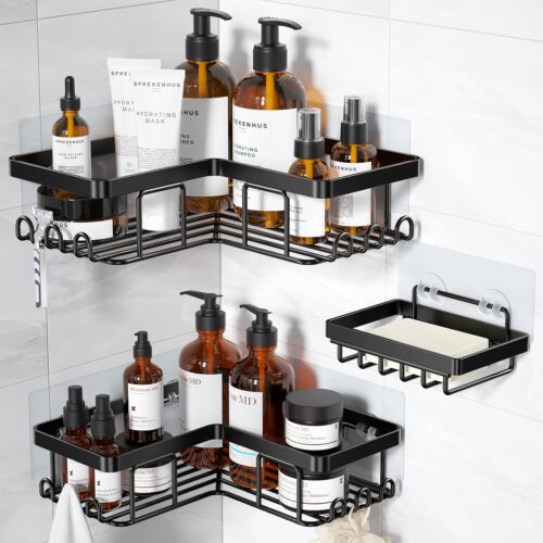 Corner Adhesive Shower Caddy with Soap Holder, Rustproof Stainless Steel Organizer, No Drill Bathroom Shelf