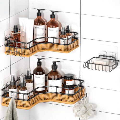 Corner Shower Caddy, 3 Pack Adhesive Shelves with Soap Holder, Large Capacity Rustproof Rattan & Stainless Steel Shower Organizer