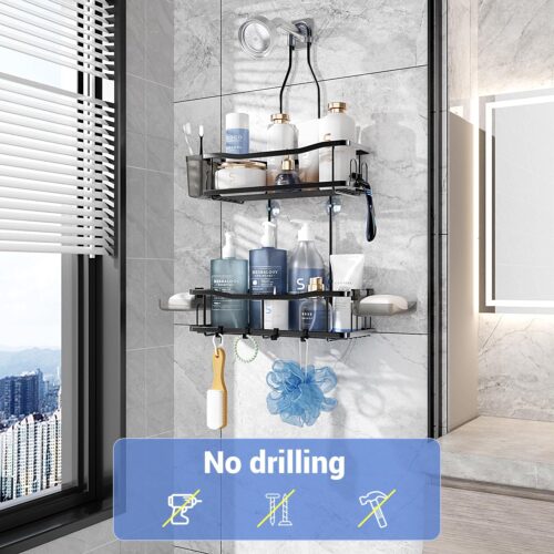 Hanging Shower Organizer Bathroom Shower Rack: Rustproof No-Drill Overhead Shower Caddy with Soap Holder, Hooks & Shelves