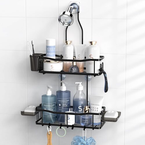 Hanging Shower Organizer Bathroom Shower Rack: Rustproof No-Drill Overhead Shower Caddy with Soap Holder, Hooks & Shelves