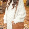 Oversized Cable Knit Sweater Dress - Chunky Long Sleeve Pullover Tunic Mini for Fall