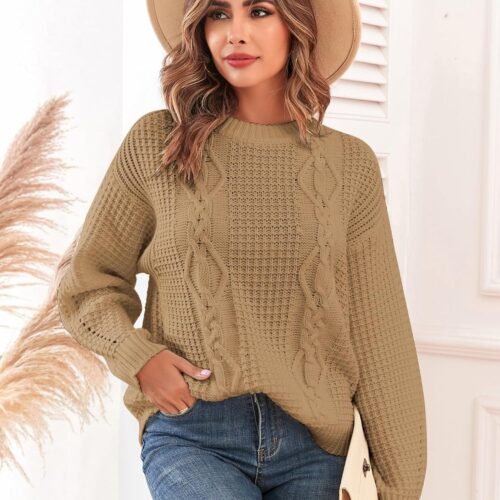 Chunky Cable Knit Sweater – Women’s Oversized Cable Knit Cardigan, Crewneck Long Sleeve Pullover