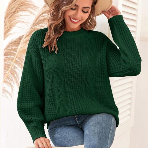 Chunky Cable Knit Sweater – Women’s Oversized Cable Knit Cardigan, Crewneck Long Sleeve Pullover