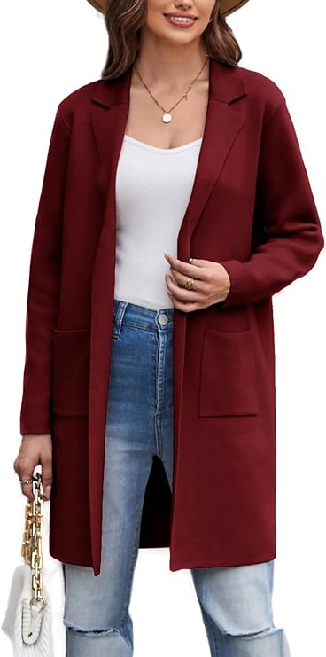 GRACE KARIN Women's Open Front Long Cardigan Lapel knit Sweater Jacket with Pockets