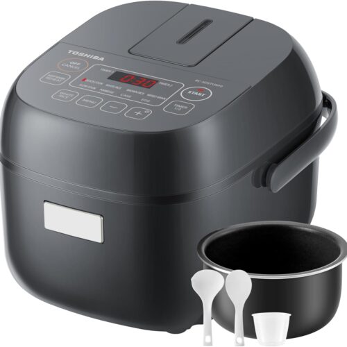 Toshiba Rice Cooker and Steamer, 3-Cup with Fuzzy Logic, 8 Cooking Functions, LCD Display