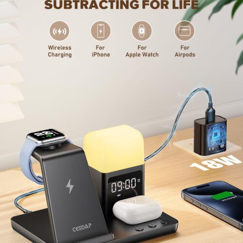 6-in-1 Apple Charging Station for Multiple Devices with Alarm Clock and Night Light – Best iPhone Charging Station for iPhone 16/15/14, Apple Watch