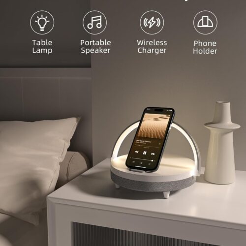 EZVALO Best Bedside Lamp with Wireless Charging Station, Bluetooth Speaker & Adjustable Phone Holder – Dimmable Night Light for Bedrooms