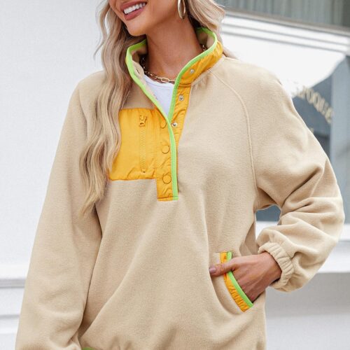 Dokotoo Oversized Sweatshirt for Women: Fuzzy Fleece Color Block Button Pullover