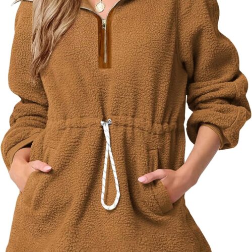 Women’s Sherpa Fleece Sweatshirt: Half Zip Oversized Pullover with Drawstring Waist