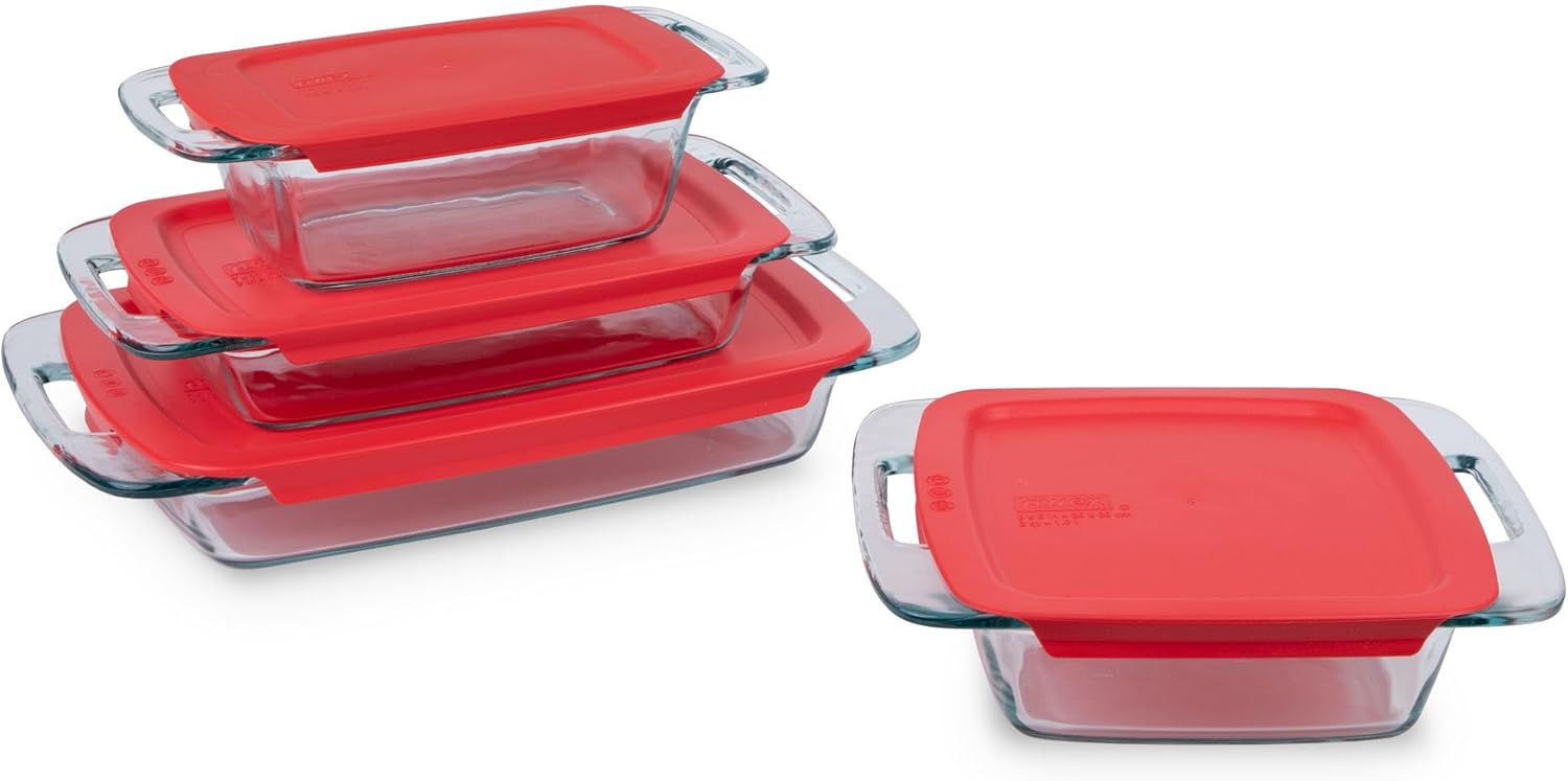 Thanksgiving breakfast ideas - Pyrex Easy Grab 4-Pack Glass Baking Dish Set (1.5QT, 2QT, 3QT, 8"x8") with BPA-Free Lids