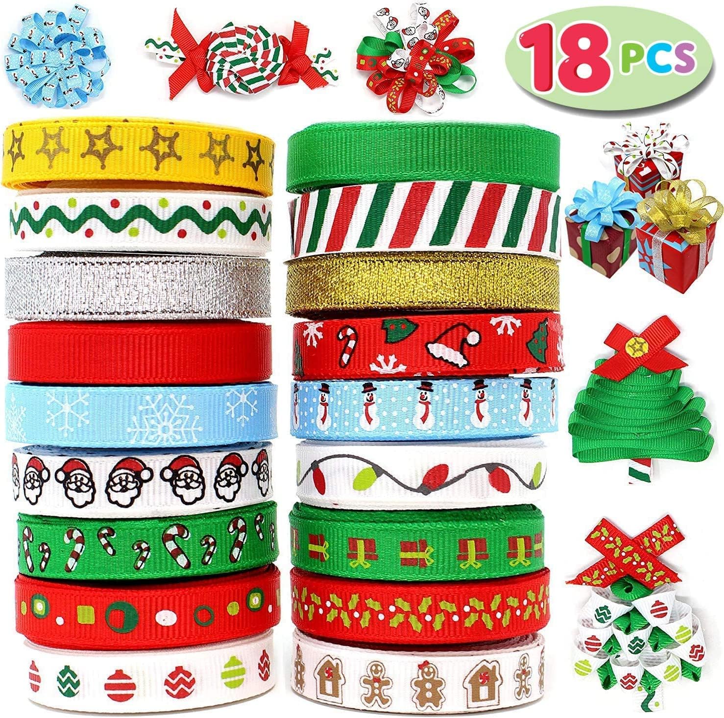 Christmas Crafts for Kids - 18Pcs Christmas Ribbons, 90 Yard Grosgrain Satin Fabric Ribbons for Christmas Craft