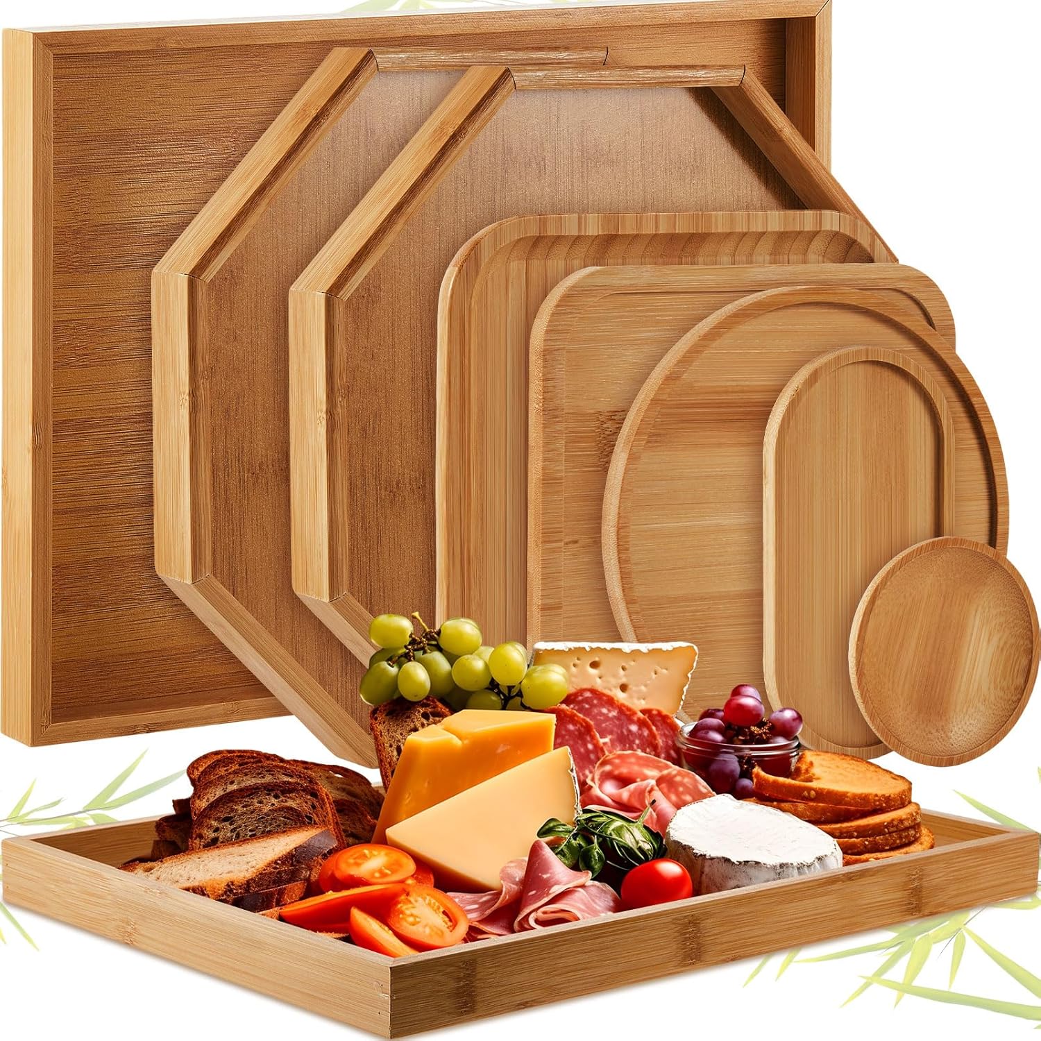 8 Pcs Bamboo Serving Tray Charcuterie Platter with Handles Set Charcuterie Boards Include Rectangular Round Octagon Oval and Square for Family Dinner for Thanksgiving breakfast ideas 