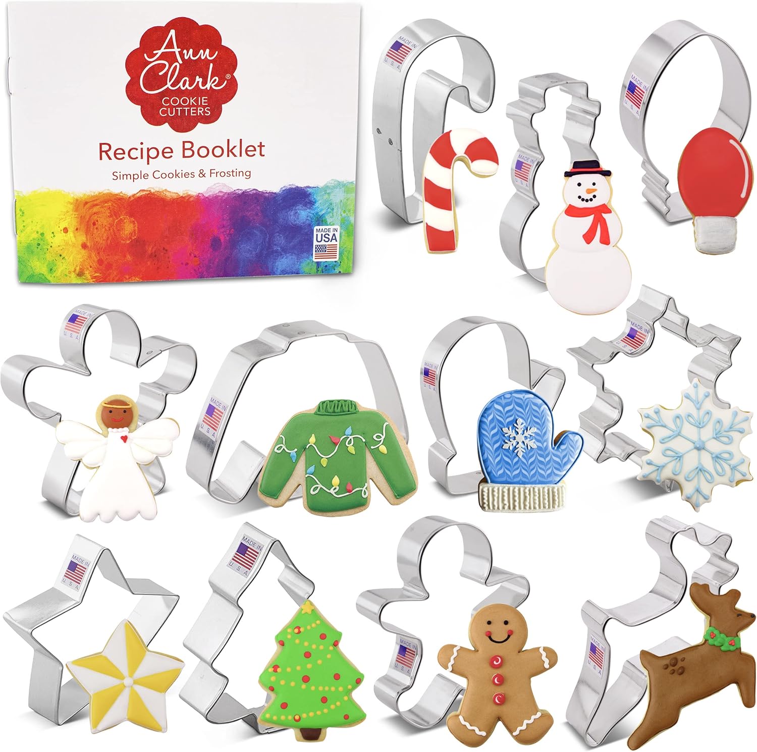 Christmas Crafts for Kids - Christmas Cookie Cutters 11-Pc Set Made in USA by Ann Clark, Gingerbread Man, Christmas Tree, Candy Cane, Reindeer and more