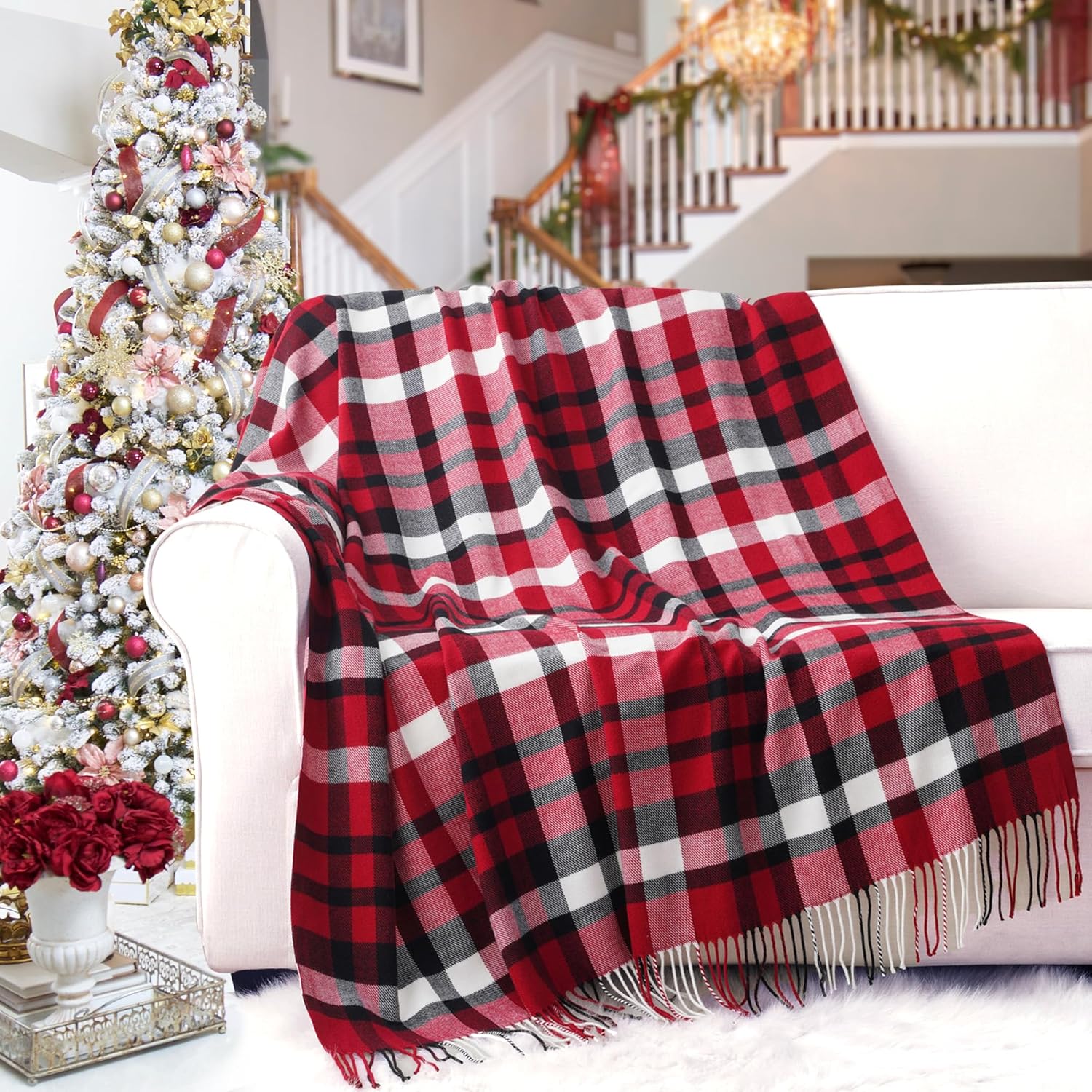 Christmas décor ideas - Christmas Red Plaid Throw Blanket for Couch