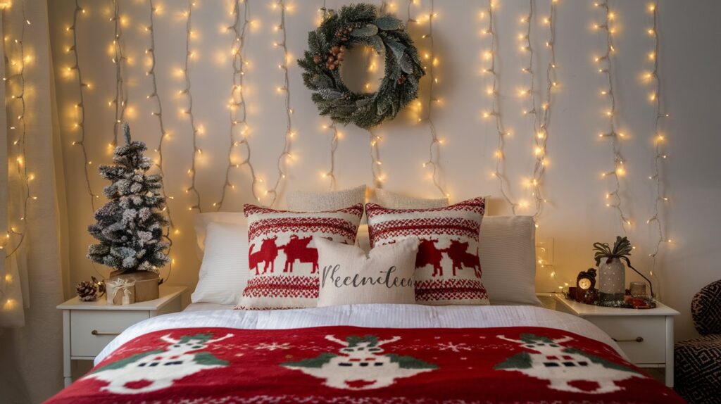 Cozy Christmas bedroom décor with Christmas-themed bedding, fairy lights, small tree, and wreath for a festive holiday retreat.

