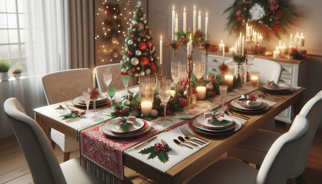 Elegant Christmas dining table décor with holiday table runner, festive candle holders, and seasonal dinnerware for a merry holiday feast.