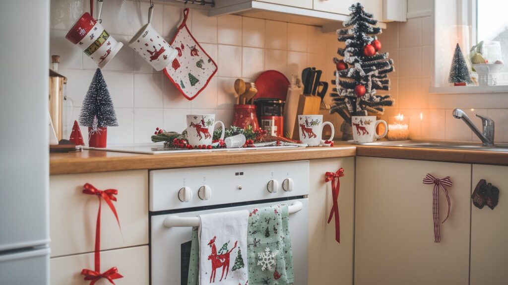 Functional and festive Christmas kitchen décor with holiday-themed dish towels, mugs, and a small Christmas tree for a cozy holiday atmosphere.

