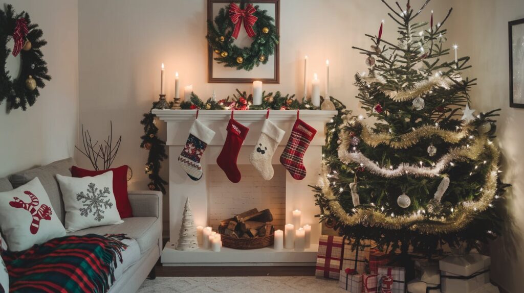 Living room Christmas décor with a Christmas tree, stockings, garlands, and festive pillows for a cozy holiday ambiance.

