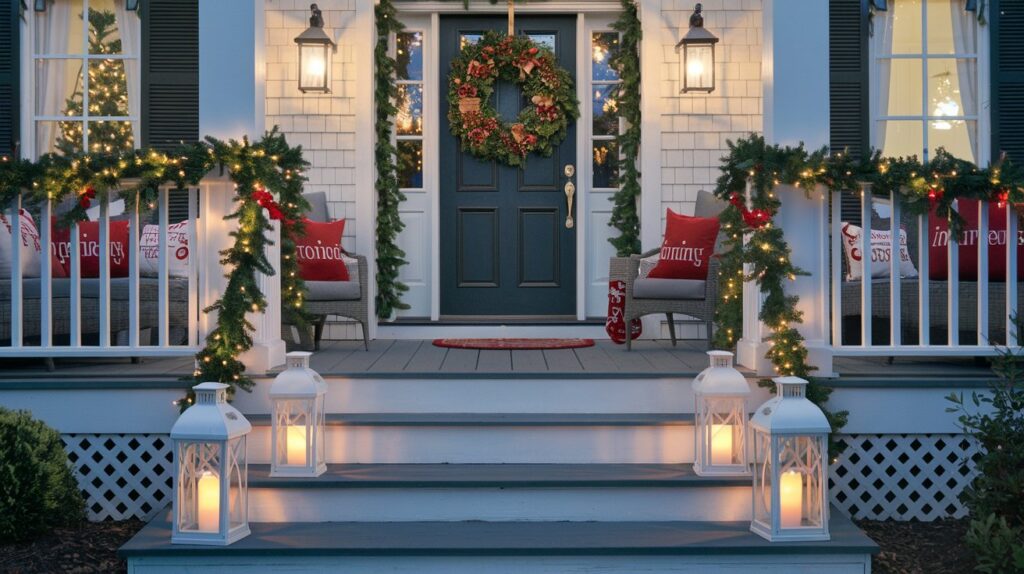 Outdoor Christmas décor with a festive wreath, garlands, pathway lighting, and holiday pillows on a welcoming porch.

