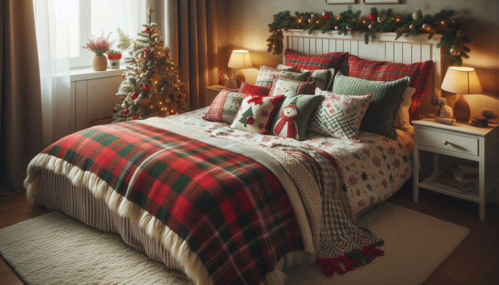 Cozy Christmas bedroom with holiday bedding, throw pillows, and mini decorated Christmas tree.