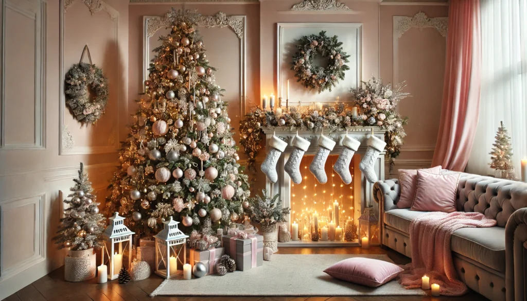 Cozy living room Christmas décor with elegant tree, garlands, and stockings in blush pink and white tones.