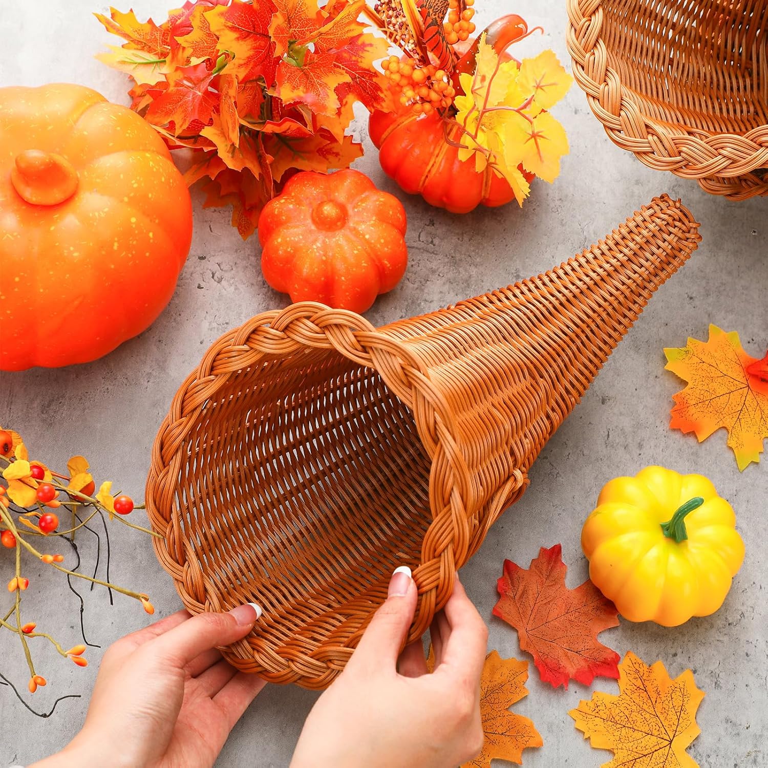 DIY Thanksgiving centerpieces - 3 Pcs Fall Cornucopia Basket for arranging fresh fruits, vegetables, and other seasonal items, creating a natural, edible centerpiece