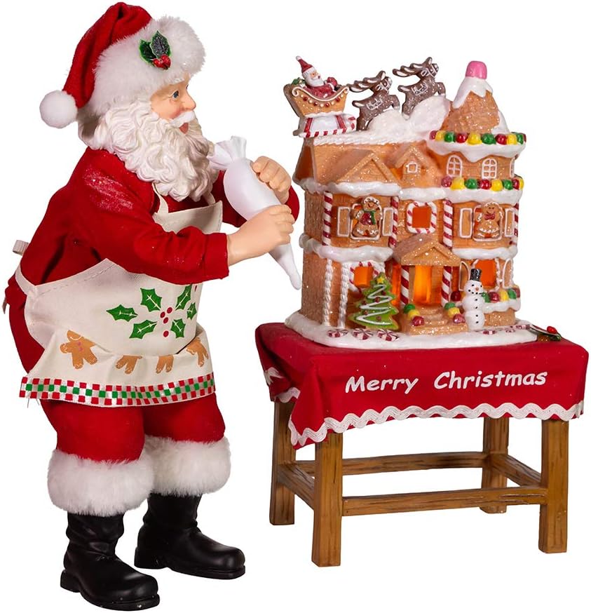 Festive Home Makeover - Kurt Adler 10.5-Inch Battery-Operated Fabriche Santa Decorating LED Gingerbread House Table Piece