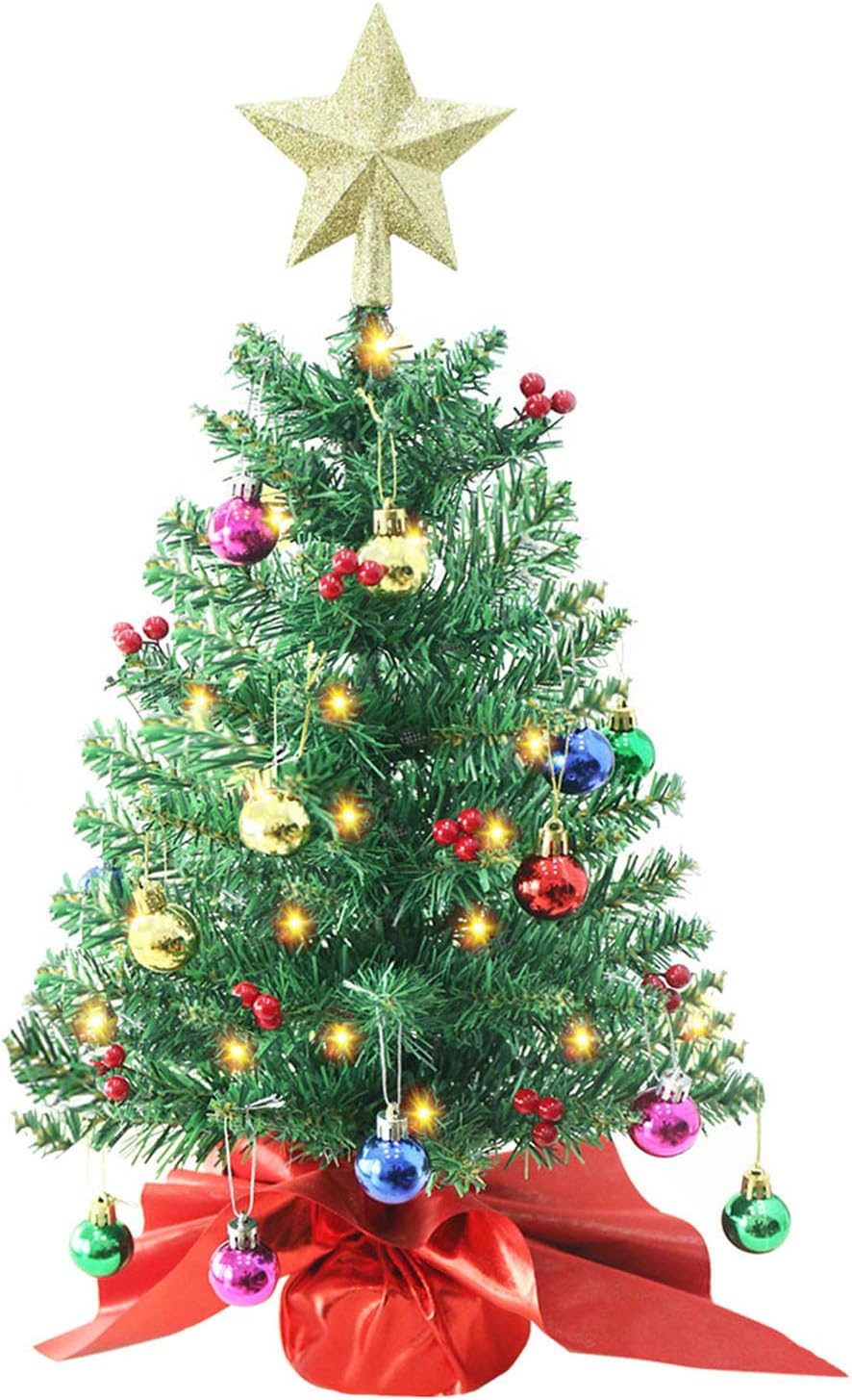 24 Inch Tabletop Christmas Tree, Artificial Mini Xmas Pine Tree with LED String Lights and Ornaments, Christmas Decoration Tree Decor