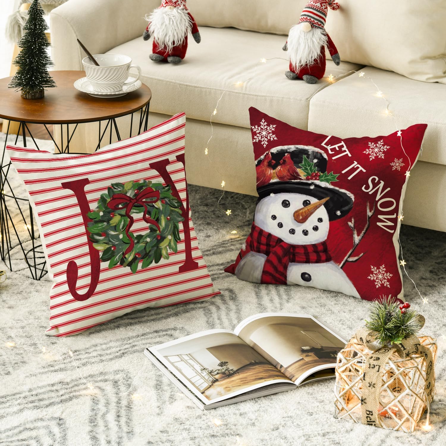 colorlife Merry Christmas Let It Snow Joy Stripes Gift Box Red Throw Pillow Covers, 18 x 18 Inch Xmas Tree Holiday Cushion Case Decoration for Sofa