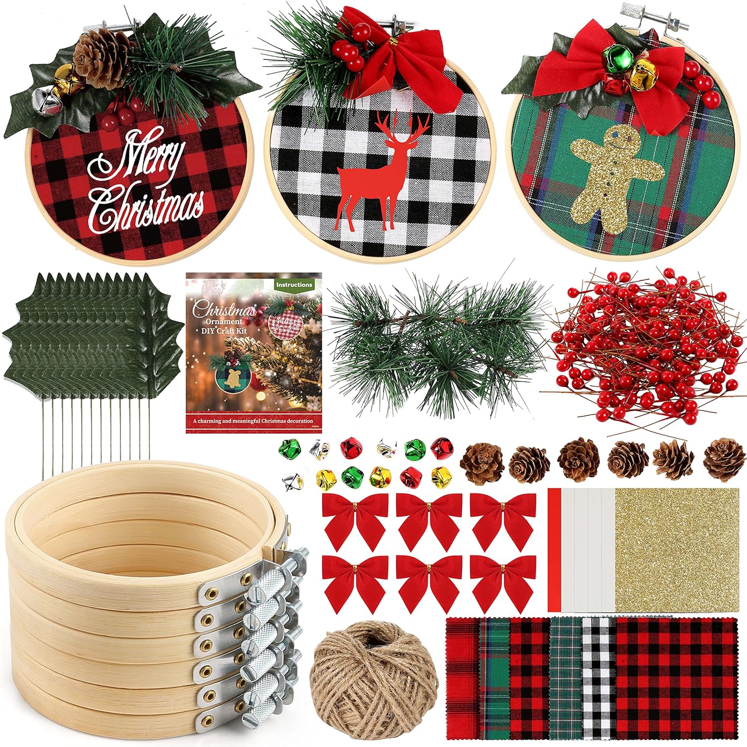 6 Pack of Christmas Ornament DIY Craft Kit Includes Christmas Plaid Fabric, Bamboo Hoop, Mini Pinecones, Artificial Pine Needle and Artificial Small