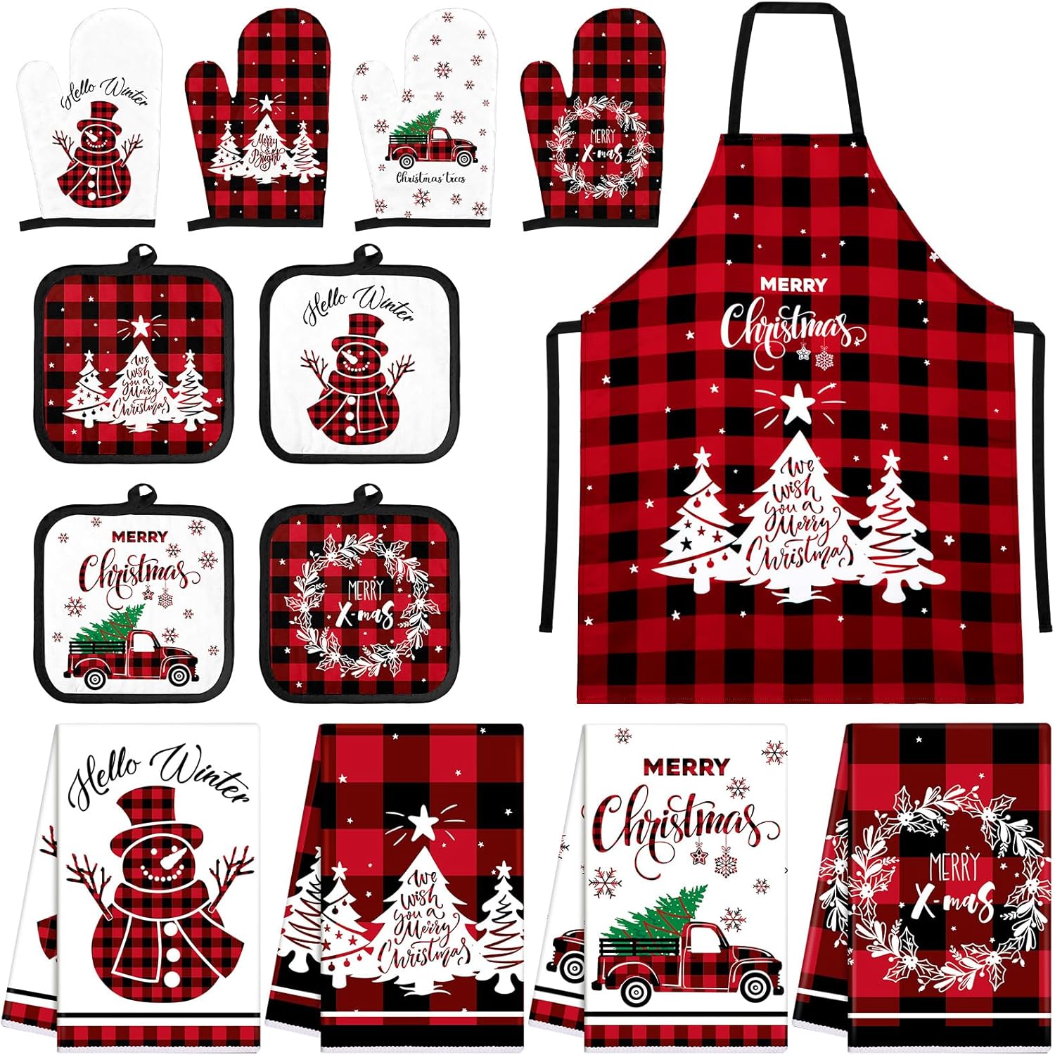 Newcotte 13 Pcs Christmas Plaid Kitchen Towels Apron Pot Holders Oven Mitts Set 4 Dish Tea Hand Towels 4 Red Black Oven Gloves 4 Hot Pads 1 Apron