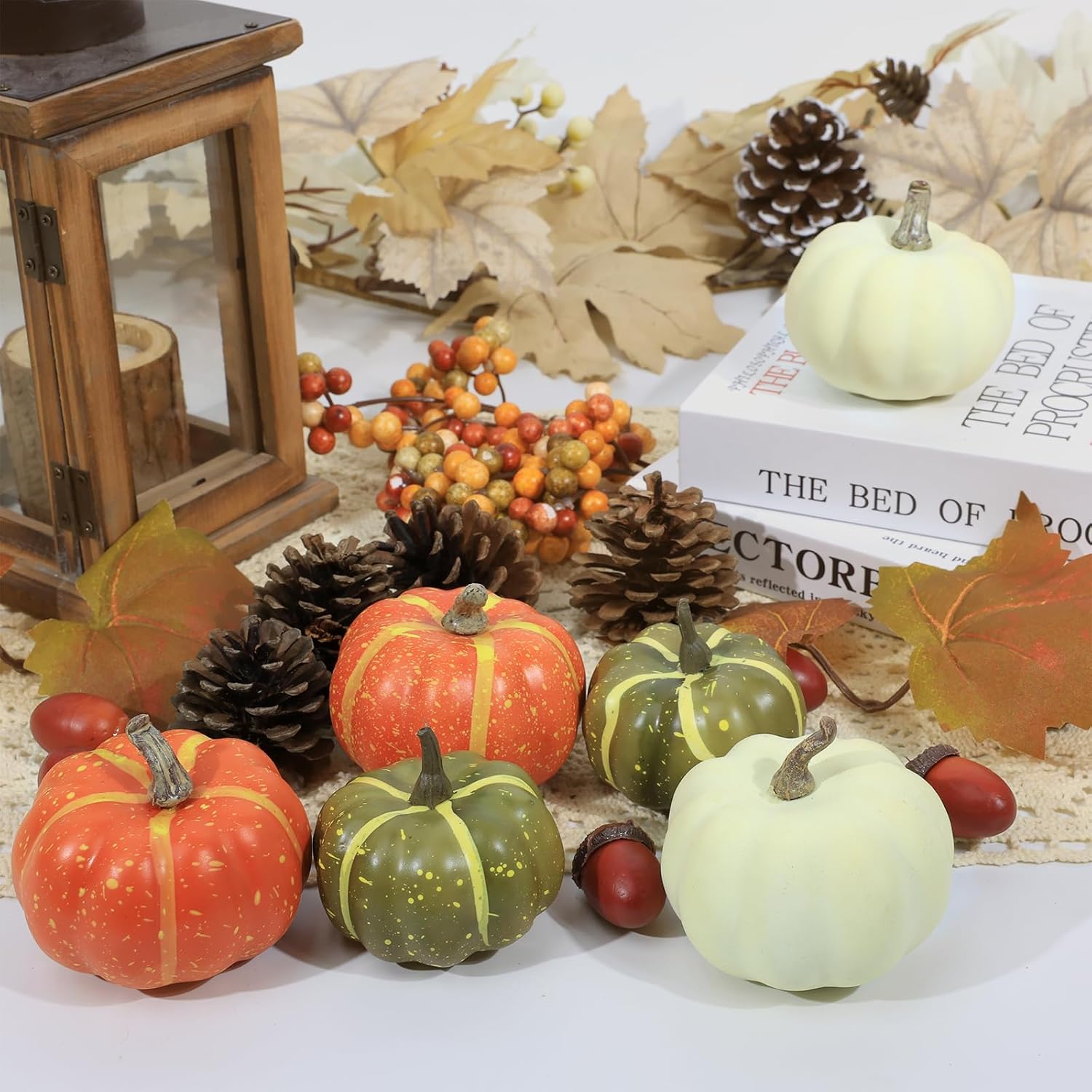 20 Pcs Realistic Fall Mini Pumpkin Decorations, Pumpkin Decor with Maple Leaves