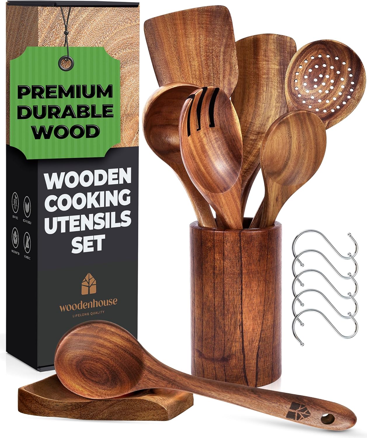 thanksgiving side dishes - Wooden Utensil Set with Holder, Spoon Rest & Hooks