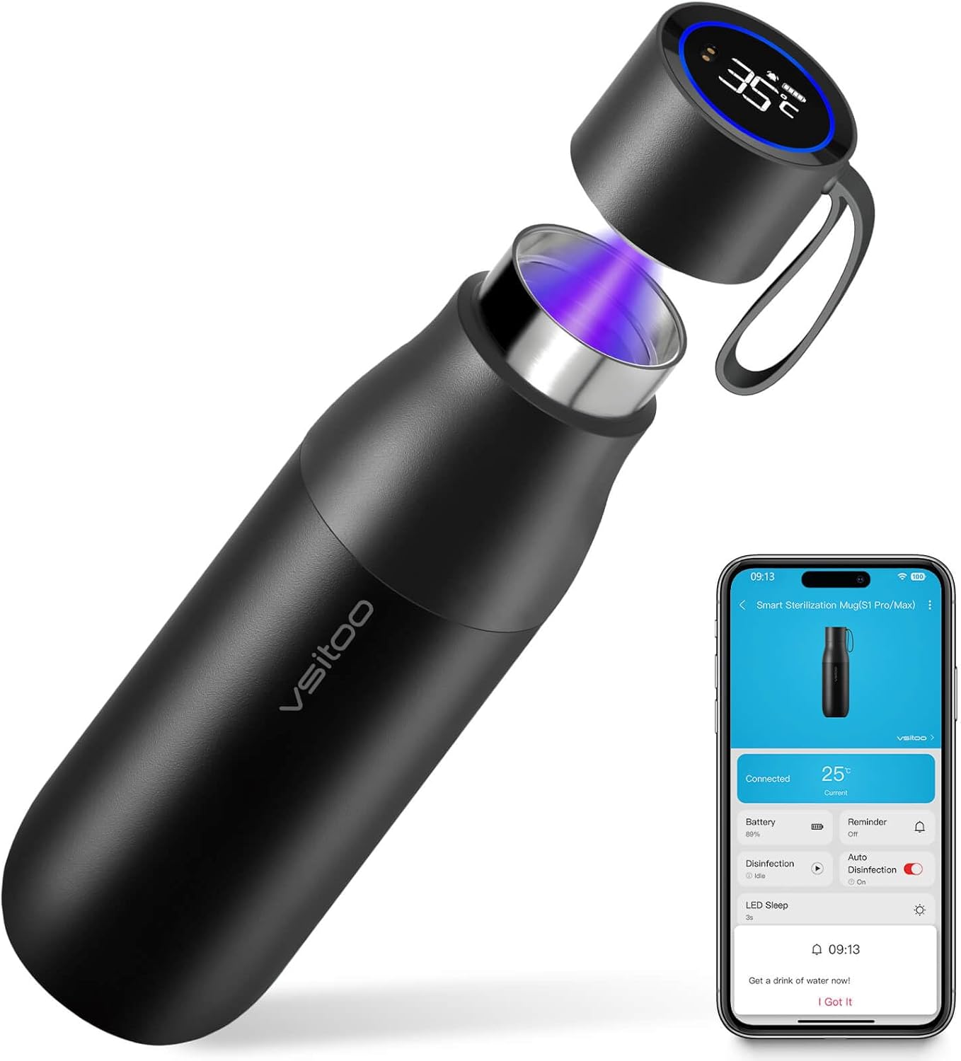 Valentine's Day Gifts - vsitoo Self-Cleaning Smart Water Bottle, Vacuum Stainless Steel Insulated Water Bottle with Handle Double-wall