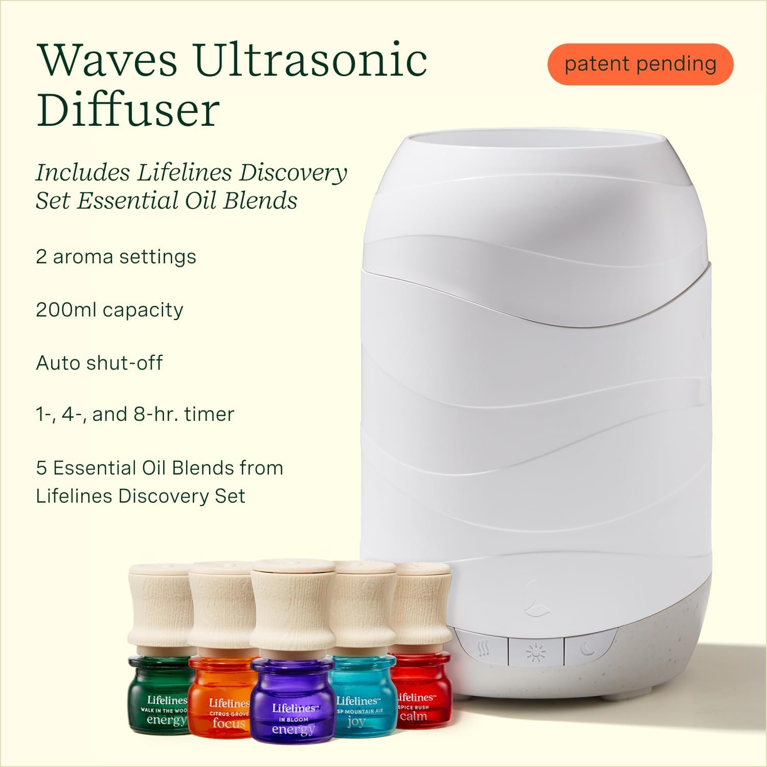 Lifelines Waves Ultrasonic Essential Oil Diffuser with 5-Pack Discovery Essential Oil Blends - 200ml Aromatherapy Diffuser with Cascading Mist & Auto-Shut Off Features