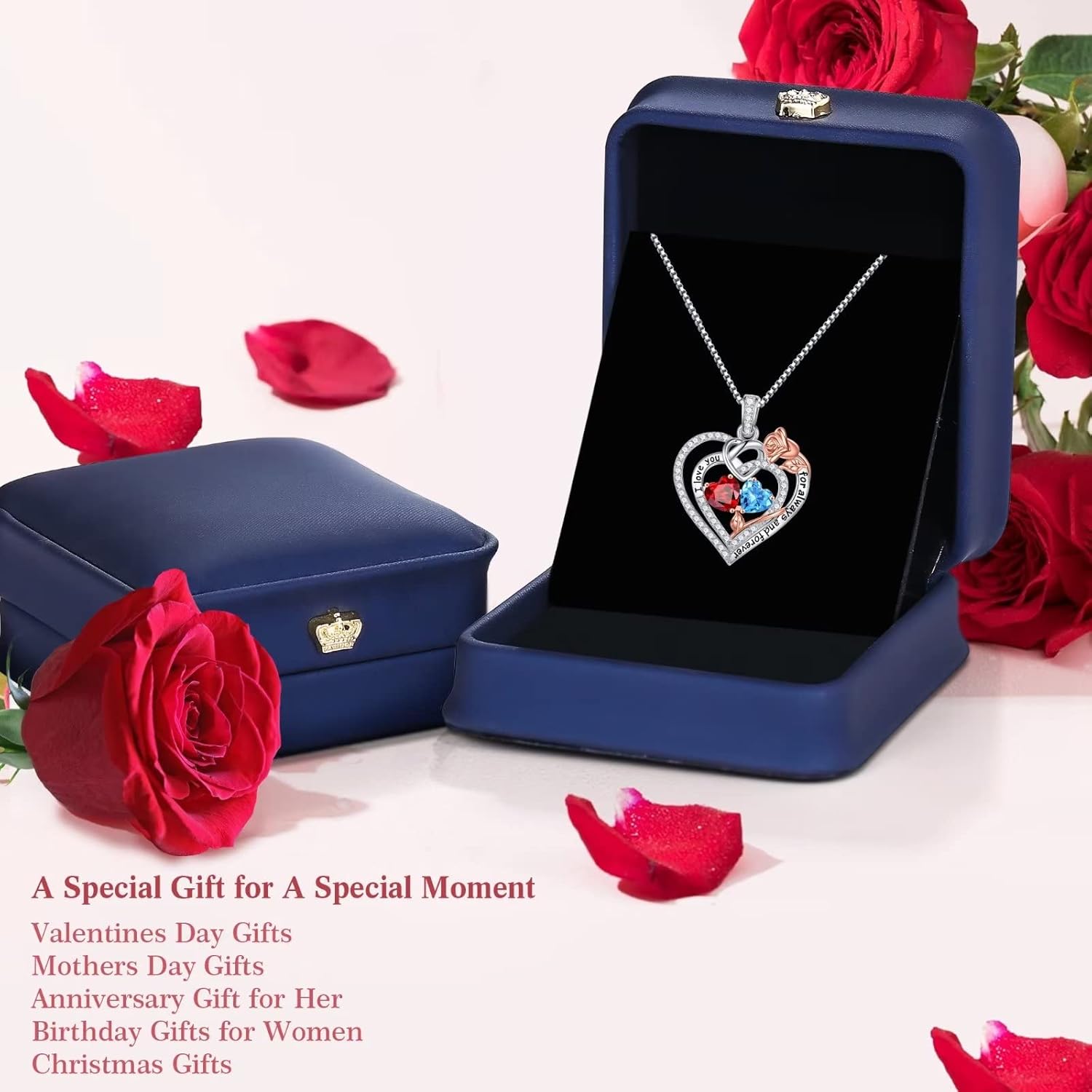 Christmas gifts for mom - Iefil Christmas Gifts for Women Wife - 925 Sterling Silver Rose Heart Birthstone Necklace