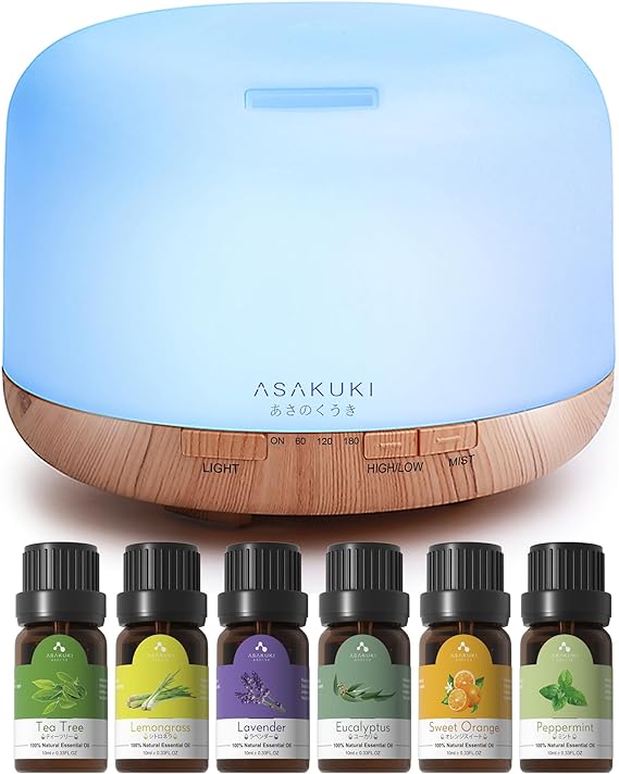 Valentine's Day ideas - Essential Oil Diffuser with Essential Oils Set, 500ml Aromatherapy Diffuser - 14 LED Colors & Auto Shut-Off, Top 6 Essential Oils