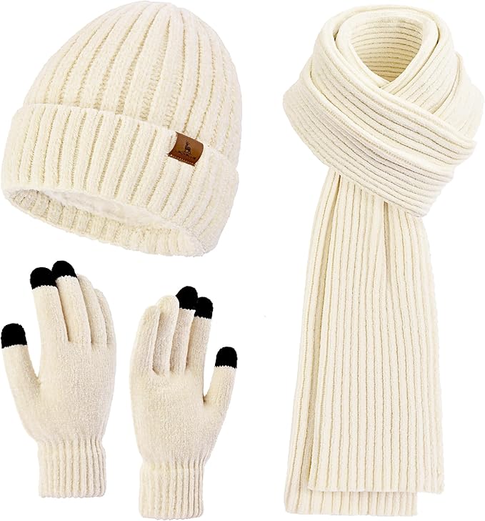 How to Layer for Cold Weather - Womens Winter Beanie Hat Scarf Touchscreen Gloves Set Knit Warm Skull Caps Long Neck Scarves for Women Men