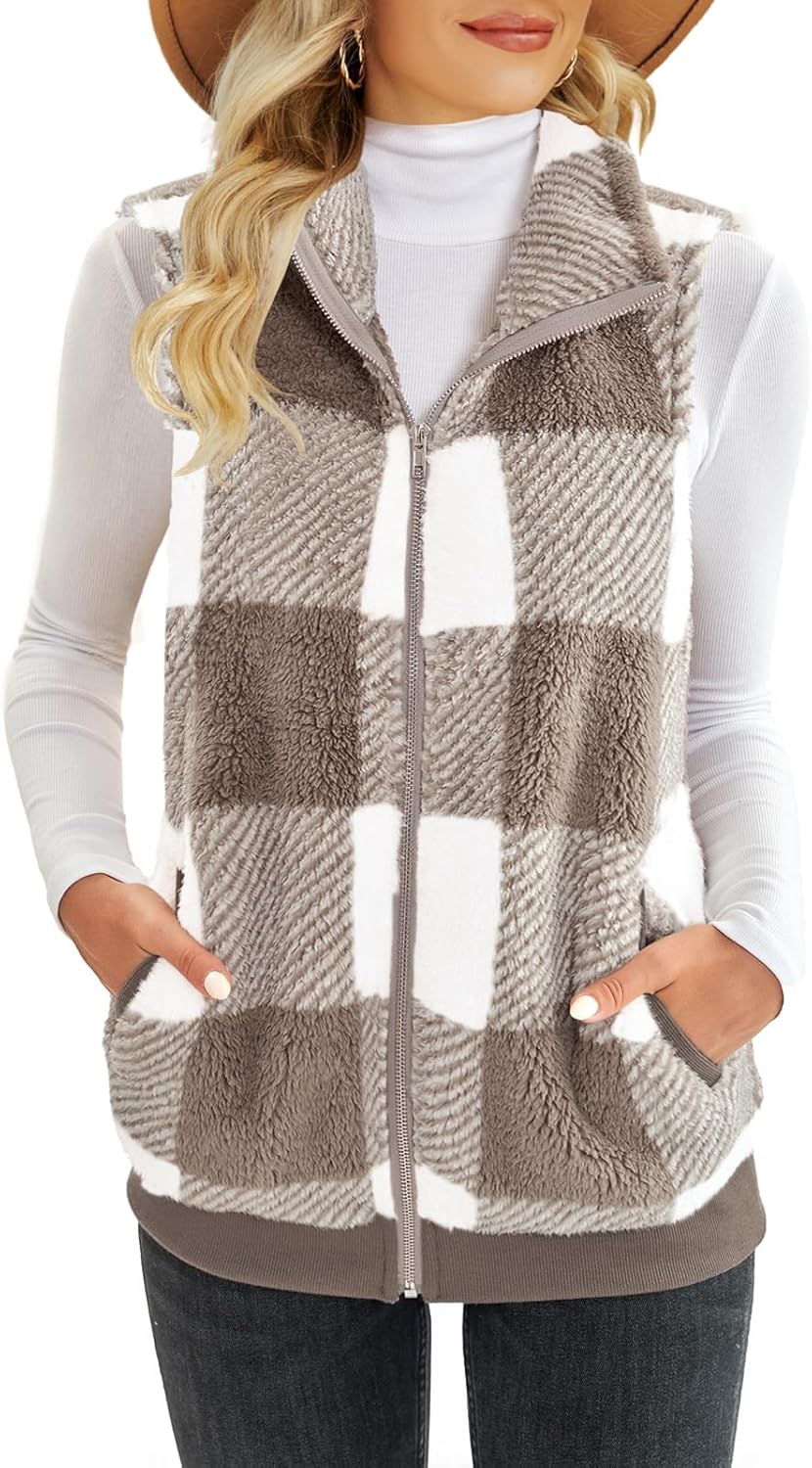 women's casual winter outfits - ReachMe Women's Fuzzy Fleece Vest Sleeveless Sherpa Jacket with Pockets