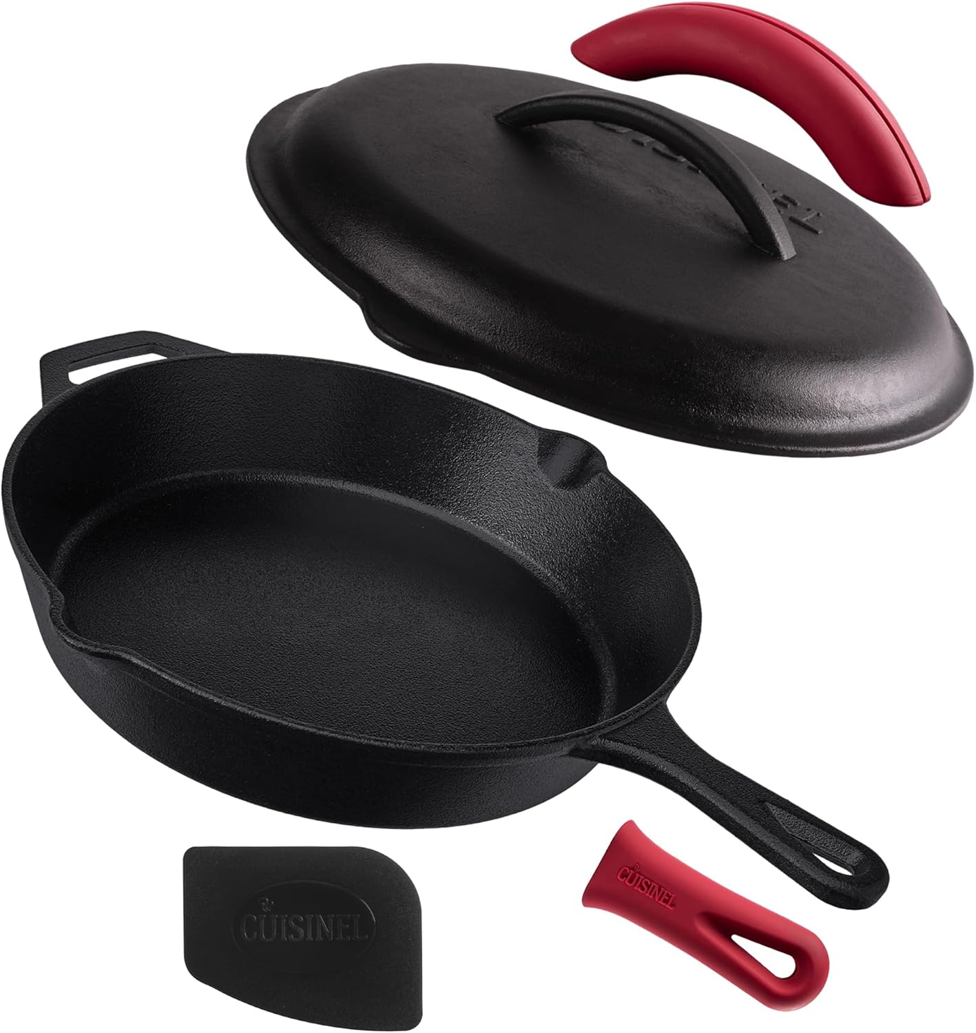 Unforgettable Christmas recipes - Cuisinel Cast Iron Skillet with Lid - 12"-inch Pre-Seasoned Covered Frying Pan Set + Silicone Handle & Lid Holders + Scraper/Cleaner