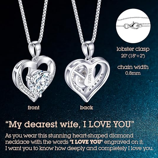 Valentine's Day Gifts -  Heart Pendant Necklace Gifts for Wife, Engraved 'I LOVE YOU' Gift for Wife, 1-3 Carat Moissanite Necklace